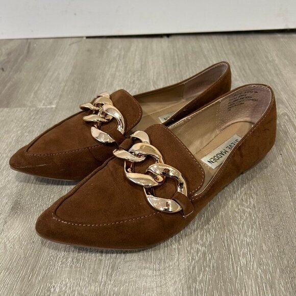 Steve Madden Women's Brown Pointed Toe Loafer Flats Gold Chain Size 5 - Picture 1 of 7